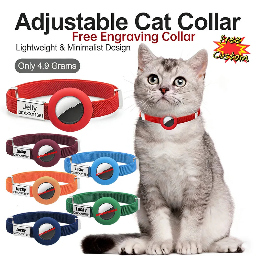 Personalized AirTag Cat Collar – Adjustable GPS Tracker Holder with Custom Name Tag