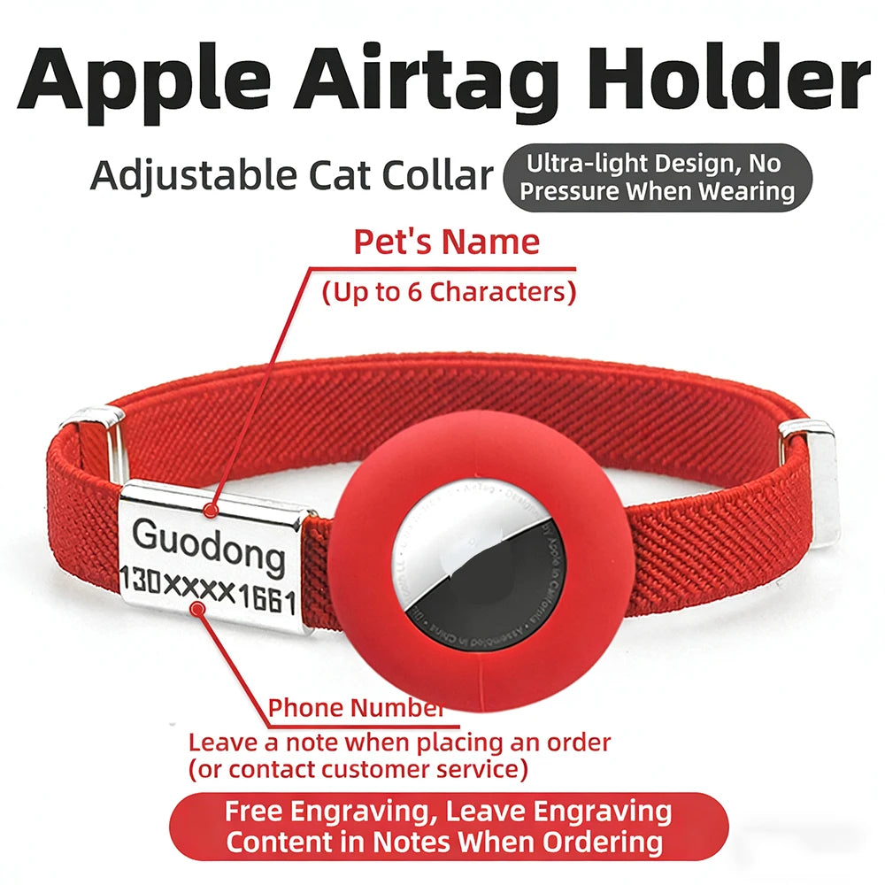 Personalized AirTag Cat Collar – Adjustable GPS Tracker Holder with Custom Name Tag